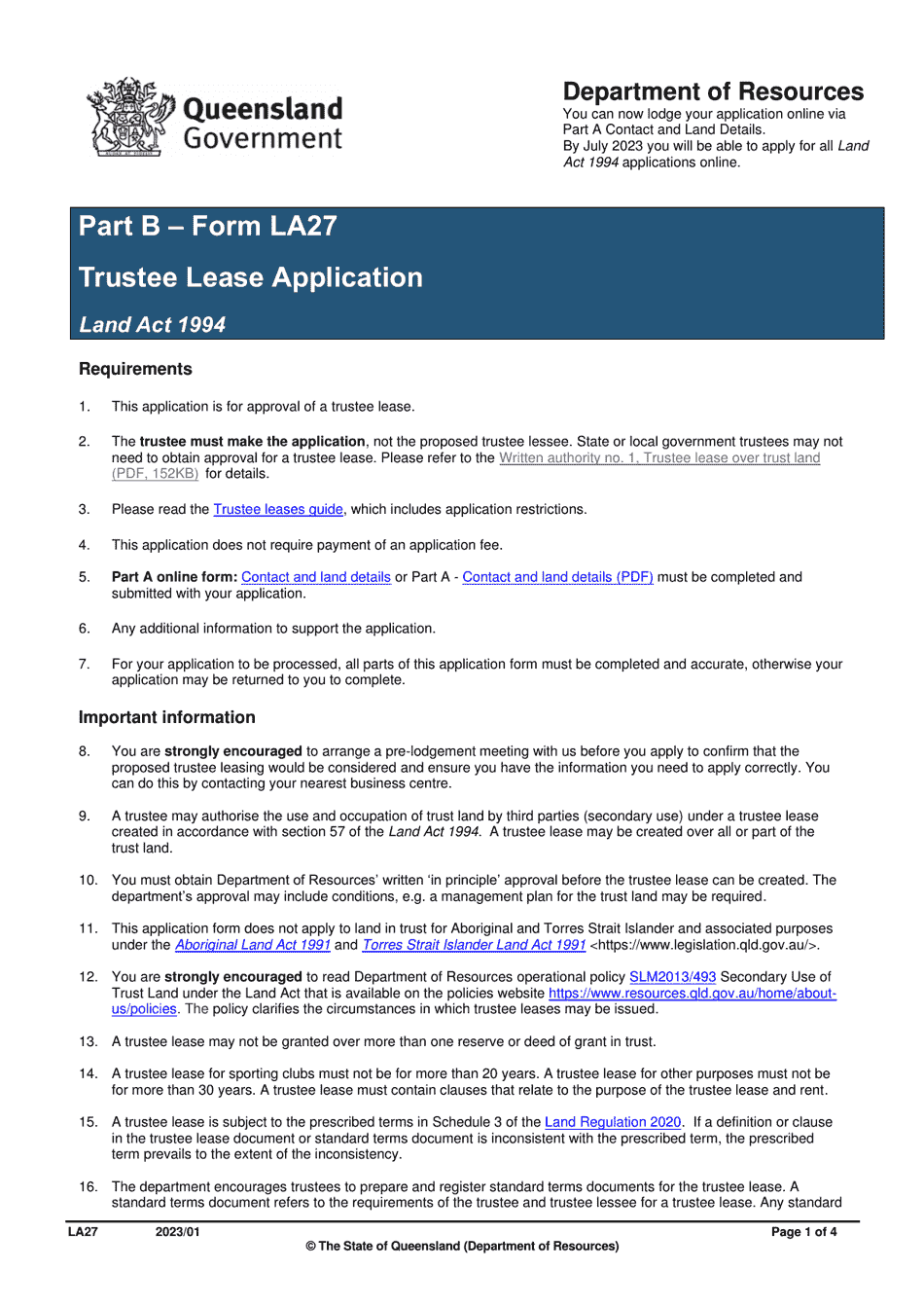 Form LA27 Part B Download Fillable PDF Or Fill Online Trustee Lease ...