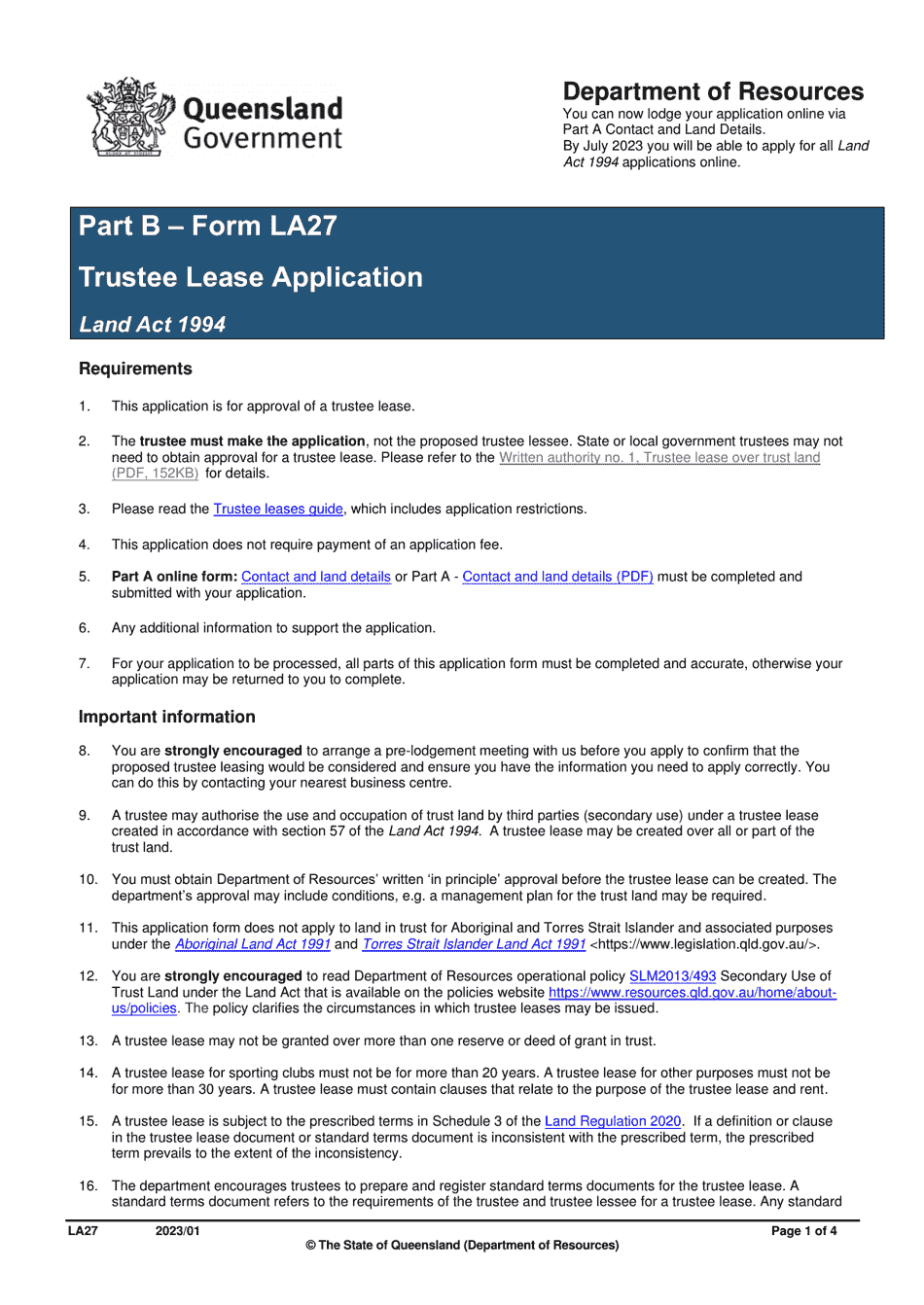 Form LA27 Part B Trustee Lease Application - Queensland, Australia, Page 1