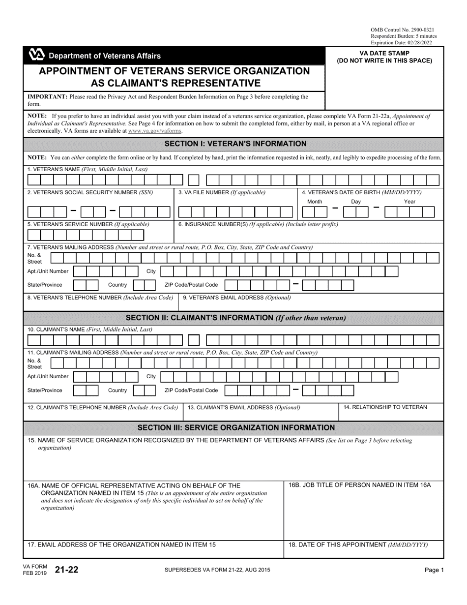 VA Form 21-22 Appointment of Veterans Service Organization as Claimants Representative, Page 1