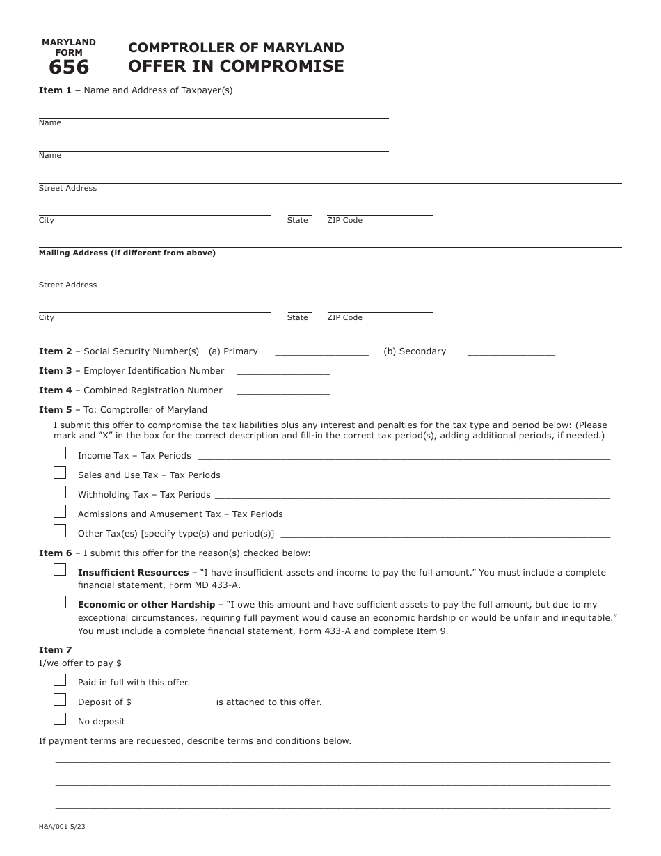 Maryland Form 656 Offer in Compromise - Maryland, Page 1