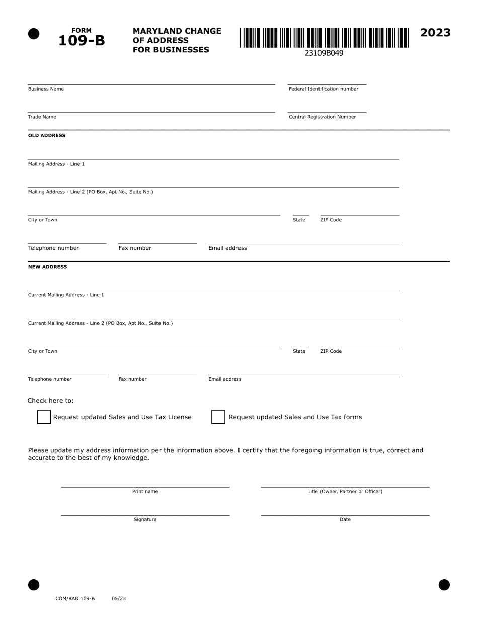 Form 109-B (COM / RAD109-B) Maryland Change of Address for Businesses - Maryland, Page 1