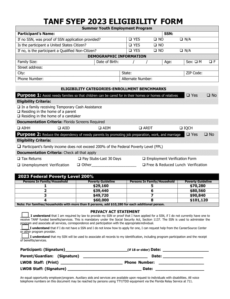 2023 Florida TANF Syep Eligibility Form Download Fillable PDF Templateroller