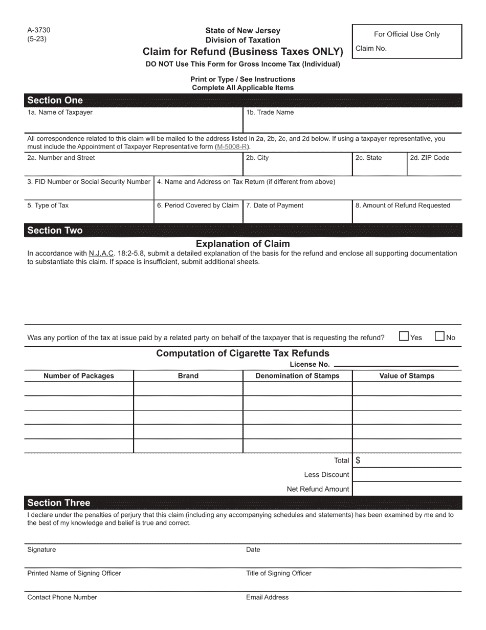 Form A3730 Download Fillable PDF or Fill Online Claim for Refund
