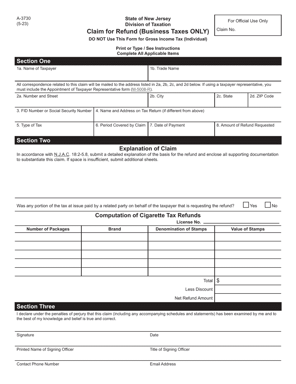 Form A-3730 Claim for Refund (Business Taxes Only) - New Jersey, Page 1