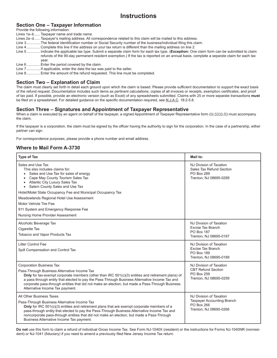 Form A-3730 Claim for Refund (Business Taxes Only) - New Jersey, Page 2
