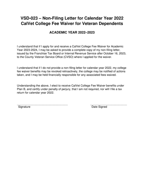 Form VSD-023 Non-filing Letter for Calvet College Fee Waiver for Veteran Dependents - County of Ventura, California, 2023