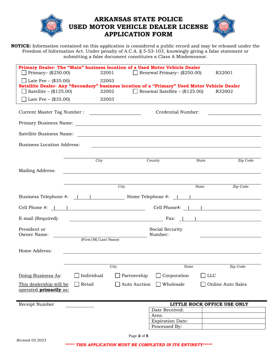 Used Motor Vehicle Dealer License Application Form - Arkansas, Page 2