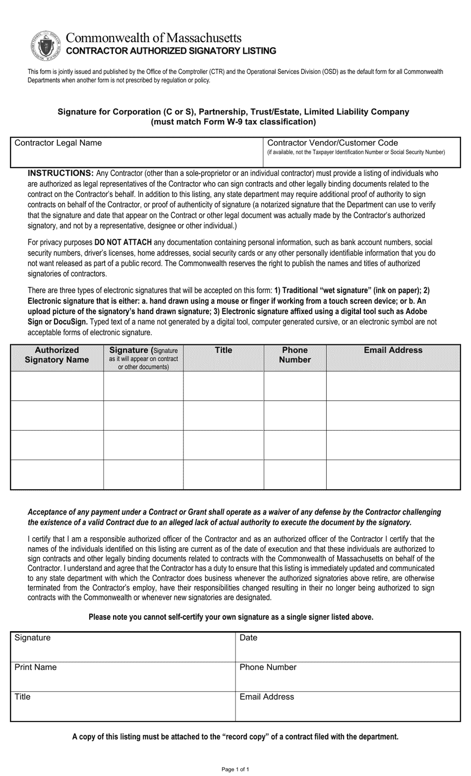 Contractor Authorized Signatory Listing Form (Casl) for Corporations - Massachusetts, Page 1