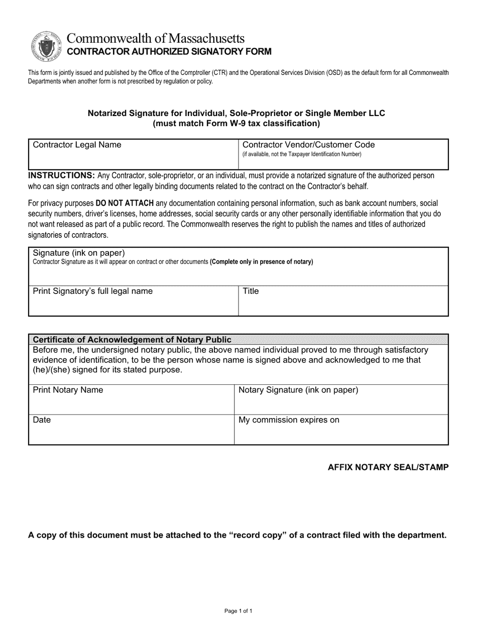 Contractor Authorized Signatory Listing Form (Casl) for Sole Proprietors - Massachusetts, Page 1