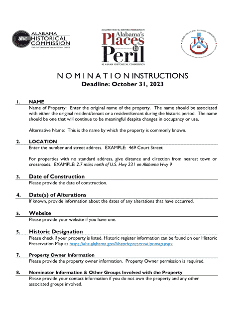 Instructions for Alabama's Places in Peril Nomination Form - Alabama Download Pdf