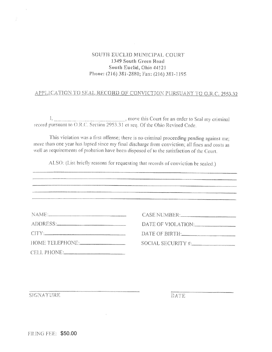 Application to Seal Record of Conviction - City of South Euclid, Ohio, Page 1