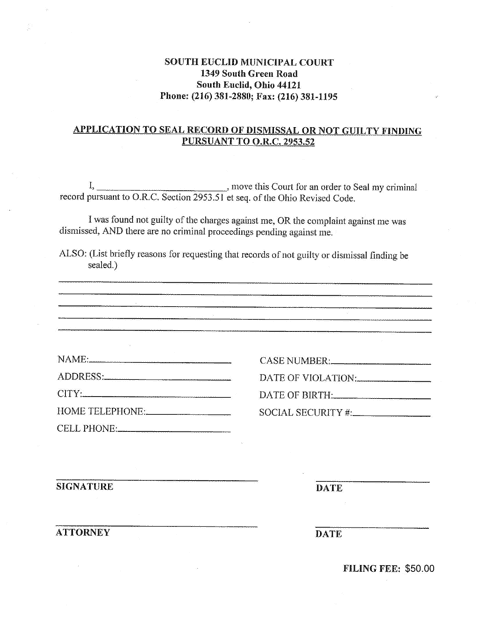 Application to Seal Record of Dismissal or Not Guilty Finding - City of South Euclid, Ohio