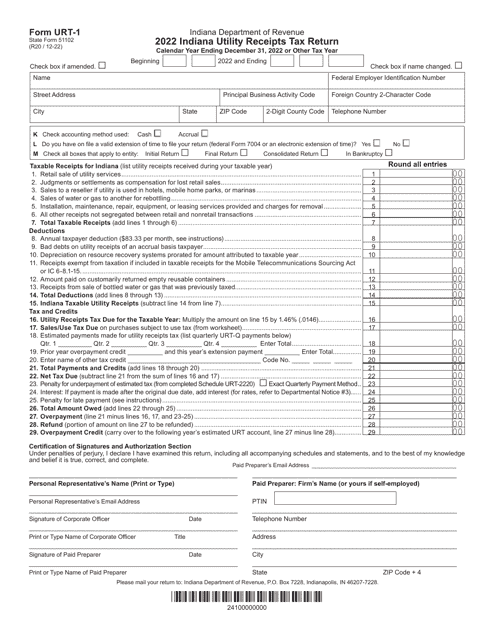 Form URT-1 (State Form 51102) Indiana Utility Receipts Tax Return - Indiana, 2022