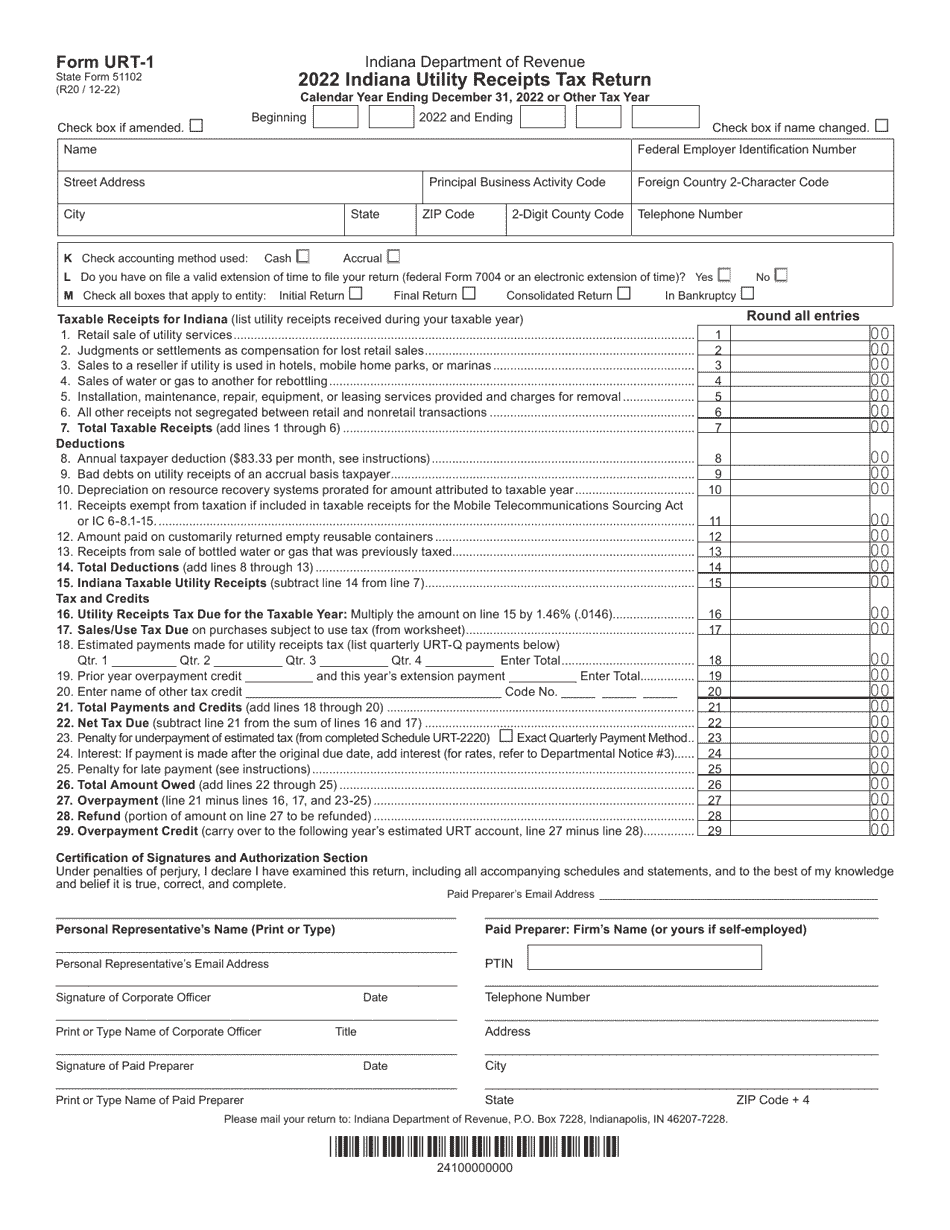 Form URT1 (State Form 51102) Download Fillable PDF or Fill Online