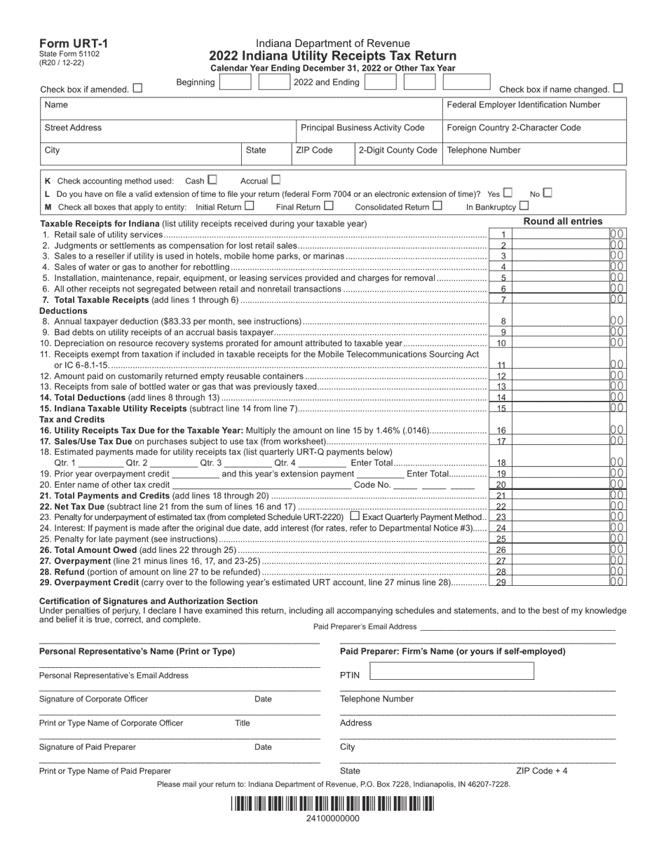 Form URT-1 (State Form 51102) Indiana Utility Receipts Tax Return - Indiana, Page 1