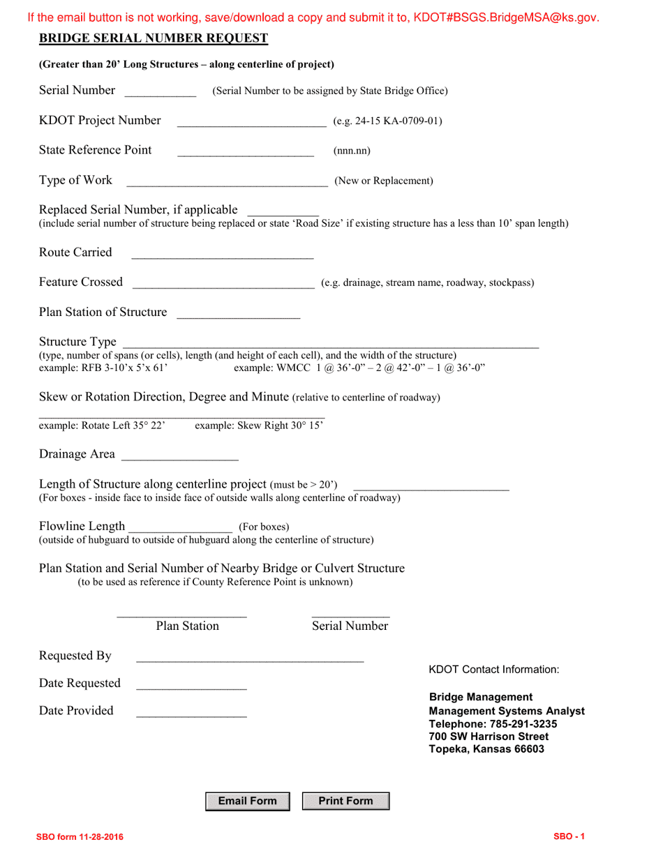SBO Form 1 Bridge Serial Number Request - Kansas, Page 1