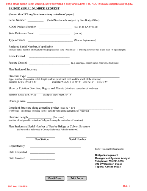 SBO Form 1 Bridge Serial Number Request - Kansas