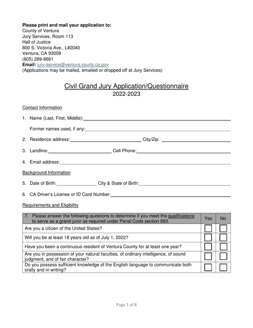 Civil Grand Jury Application / Questionnaire - County of Ventura, California Download Pdf