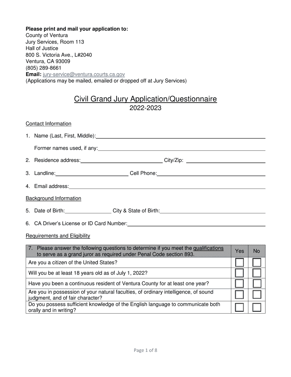 Civil Grand Jury Application / Questionnaire - County of Ventura, California, Page 1
