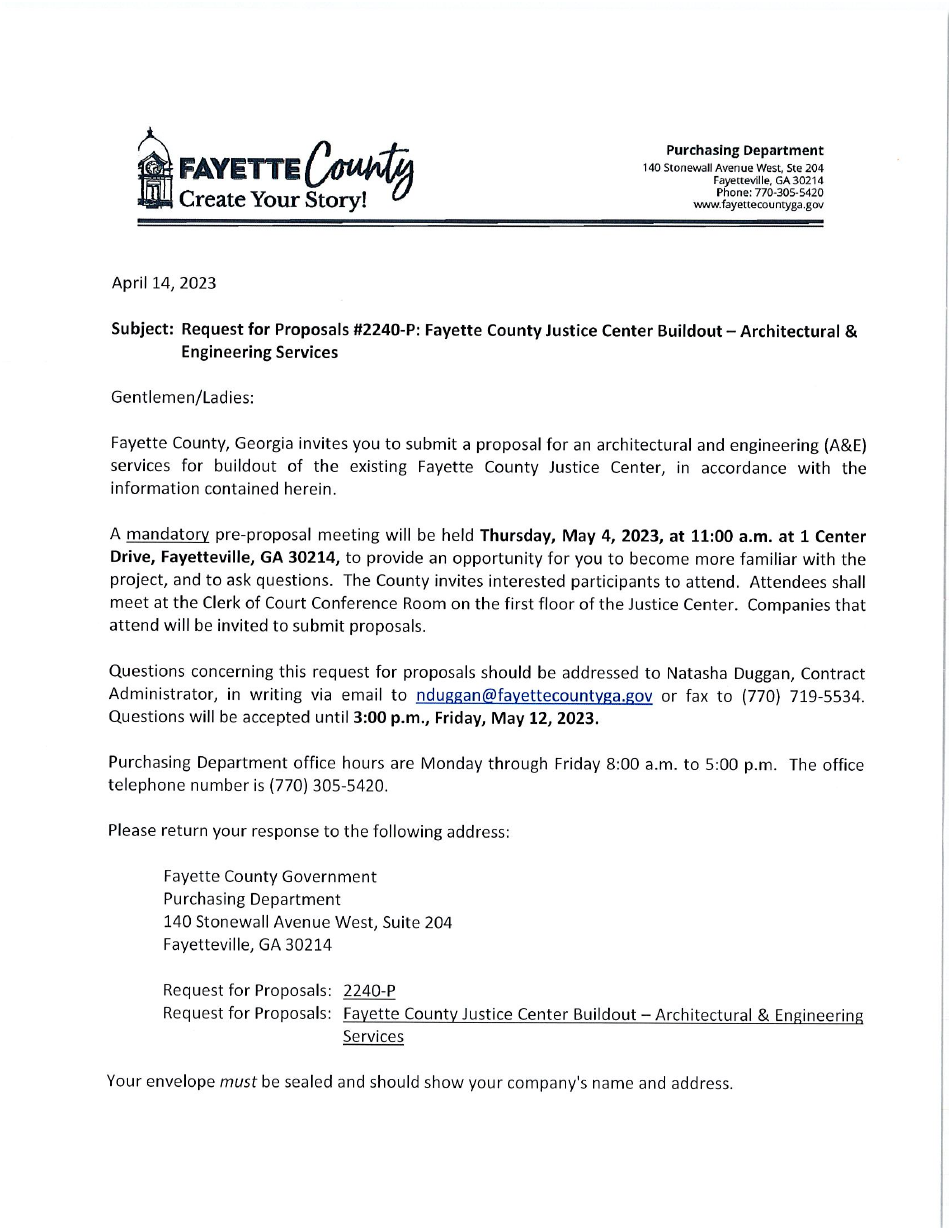 Request for Proposals 2240-p - Fayette County Justice Center Buildout - Architectural  Engineering Services - Fayette County, Georgia (United States), Page 1