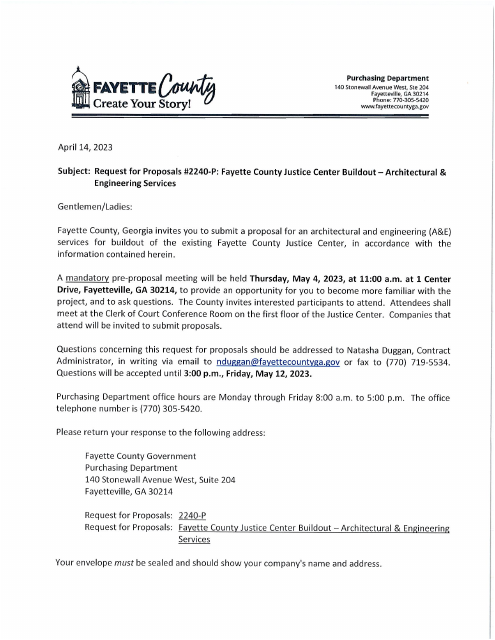 Request for Proposals 2240-p - Fayette County Justice Center Buildout - Architectural & Engineering Services - Fayette County, Georgia (United States) Download Pdf