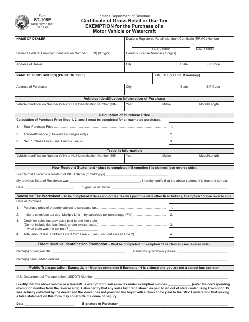 Form ST-108E (State Form 48841)  Printable Pdf