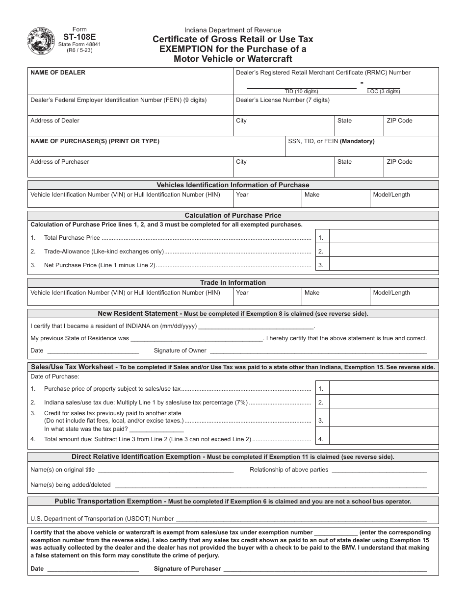 Form ST108E (State Form 48841) Download Fillable PDF or Fill Online