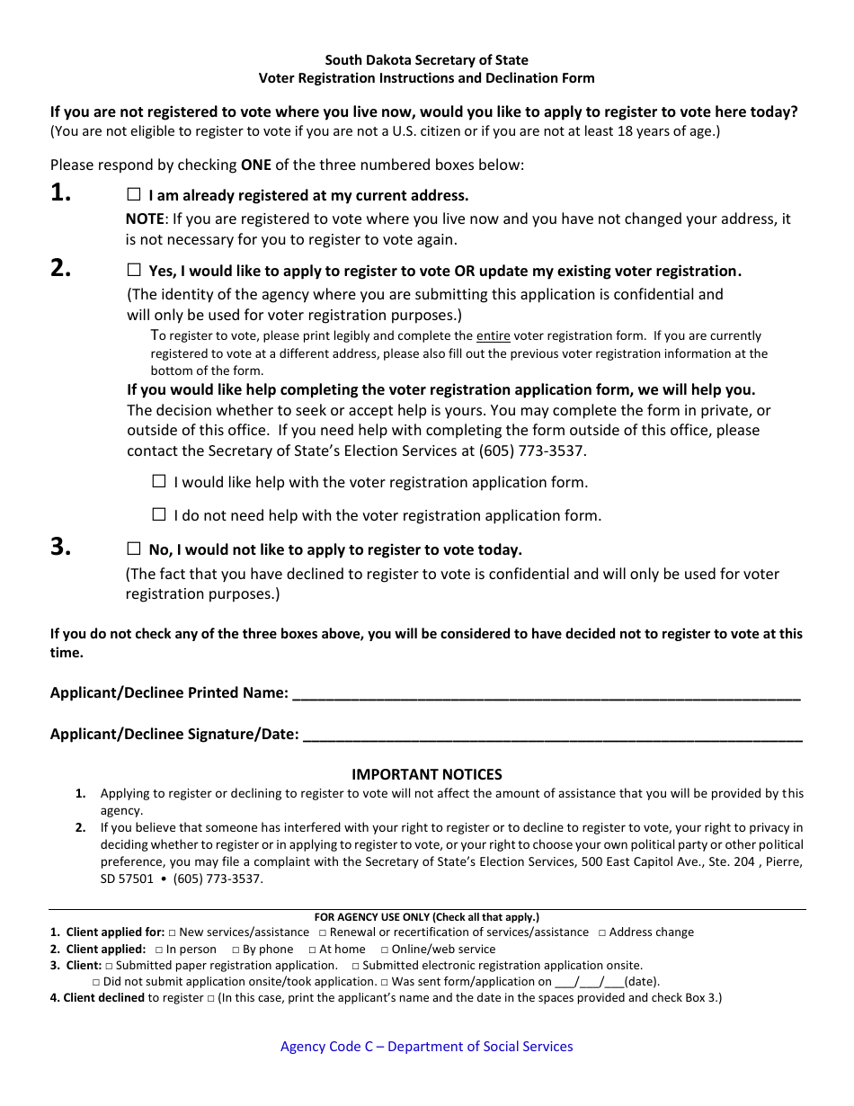 Voter Registration Instructions and Declination Form - Agency Code C - South Dakota, Page 1