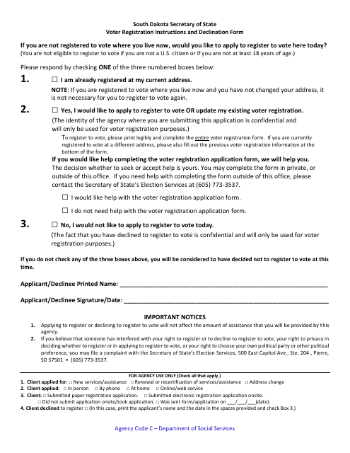 Voter Registration Instructions and Declination Form - Agency Code C - South Dakota