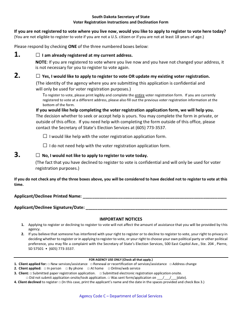 Voter Registration Instructions and Declination Form - Agency Code C - South Dakota Download Pdf