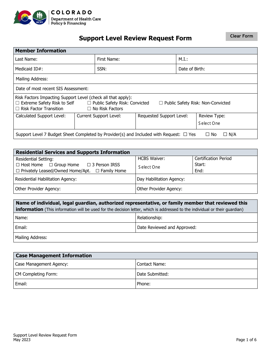 Support Level Review Request Form - Colorado, Page 1