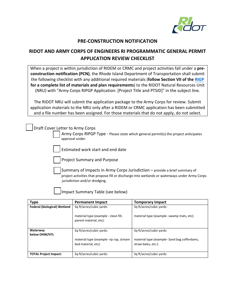 Pre-construction Notification - Ridot and Army Corps of Engineers Ri Programmatic General Permit Application Review Checklist - Rhode Island, Page 1