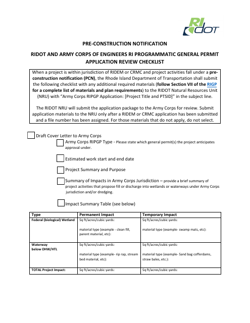 Pre-construction Notification - Ridot and Army Corps of Engineers Ri Programmatic General Permit Application Review Checklist - Rhode Island Download Pdf