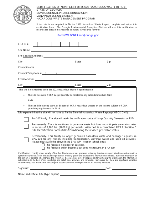 Certification of Non-filer Form Hazardous Waste Report - Georgia (United States) Download Pdf