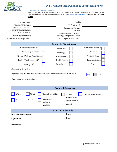 Form TR6 Ojt Trainee Status Change & Completion Form - Rhode Island