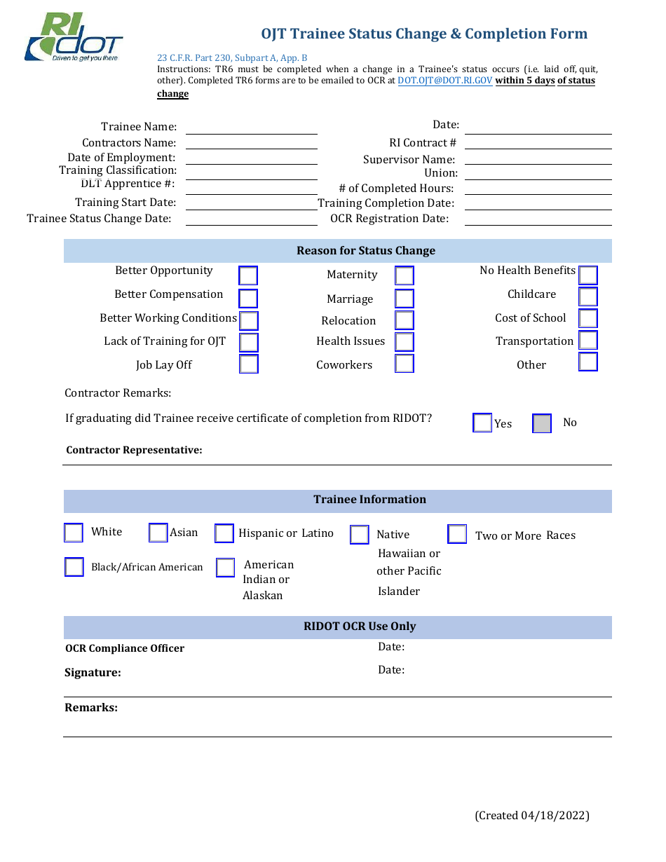 Form TR6 Ojt Trainee Status Change  Completion Form - Rhode Island, Page 1