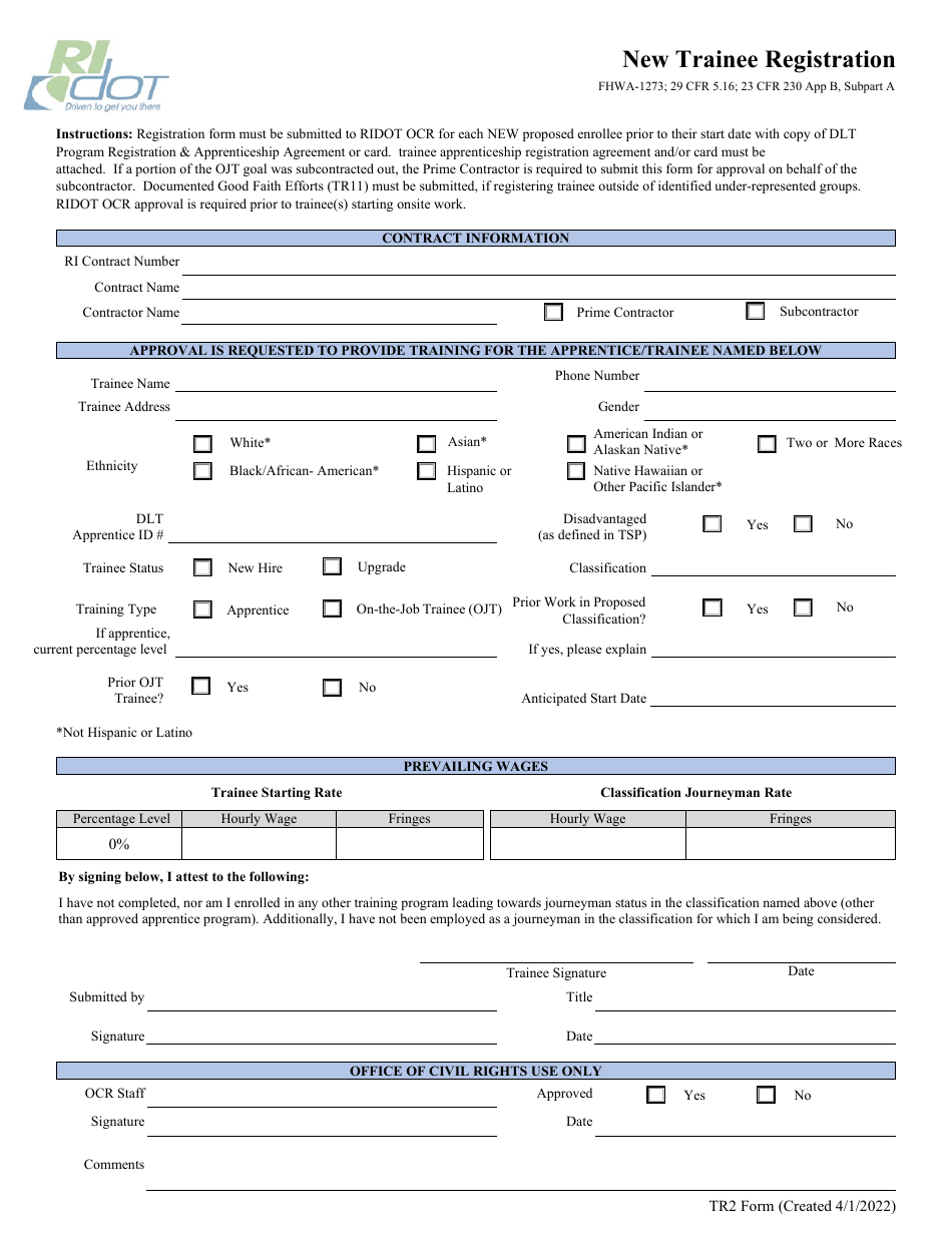 Form TR2 New Trainee Registration - Rhode Island, Page 1