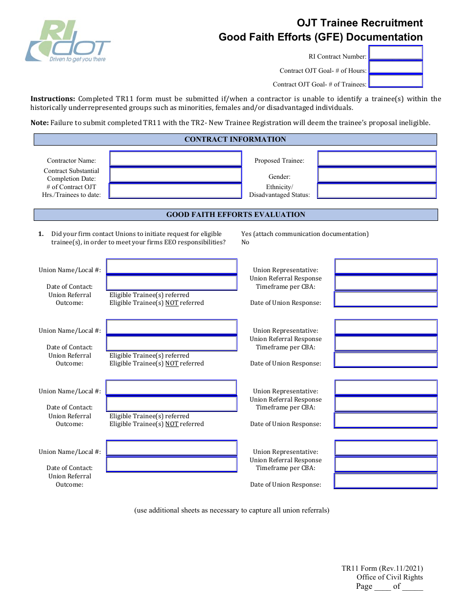 Form TR11 Ojt Trainee Recruitment Good Faith Efforts (GFE) Documentation - Rhode Island, Page 1