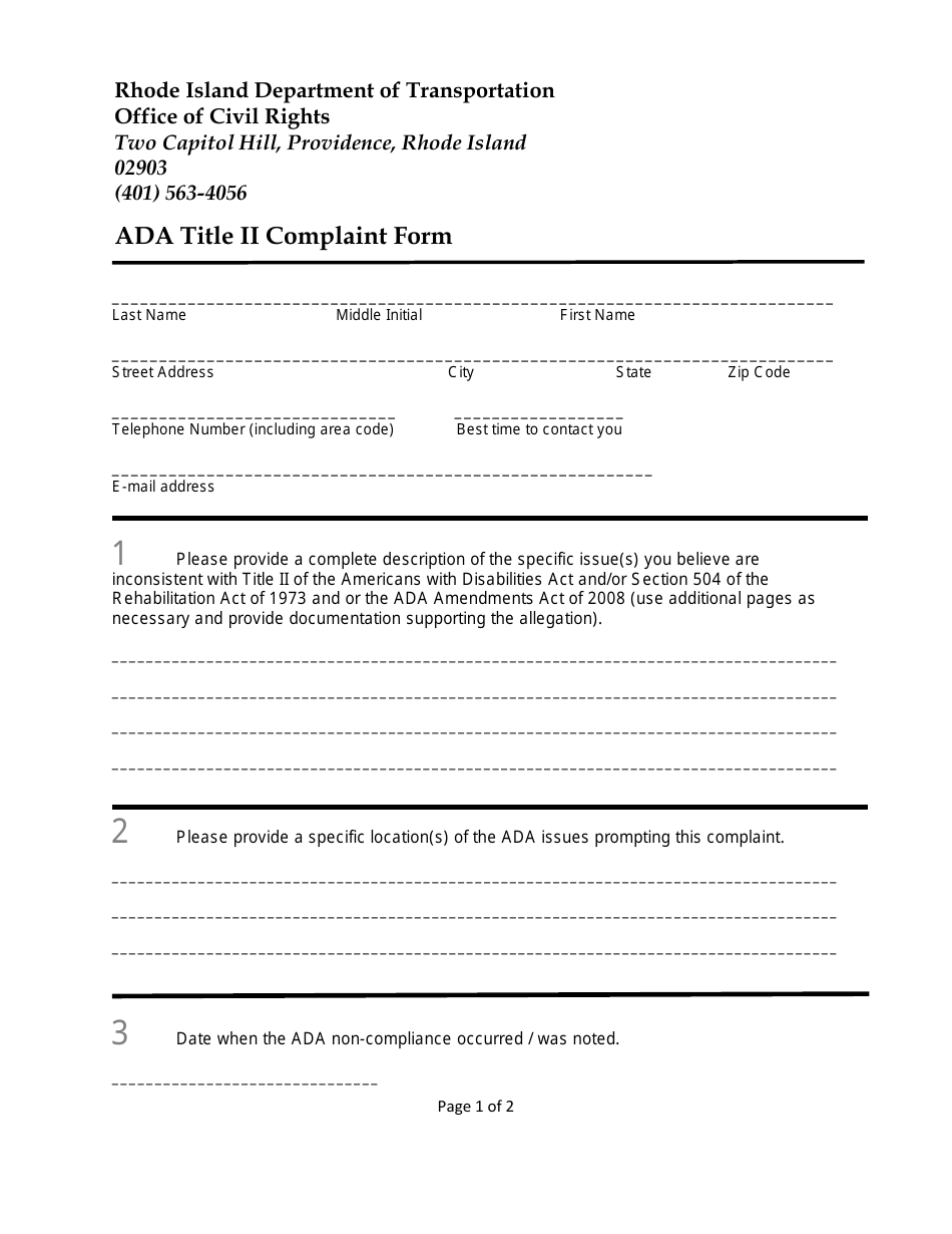 Ada Title II Complaint Form - Rhode Island, Page 1
