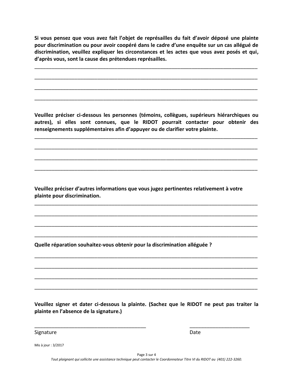 Title VI / Nondiscrimination Complaint Form - Rhode Island (French), Page 3
