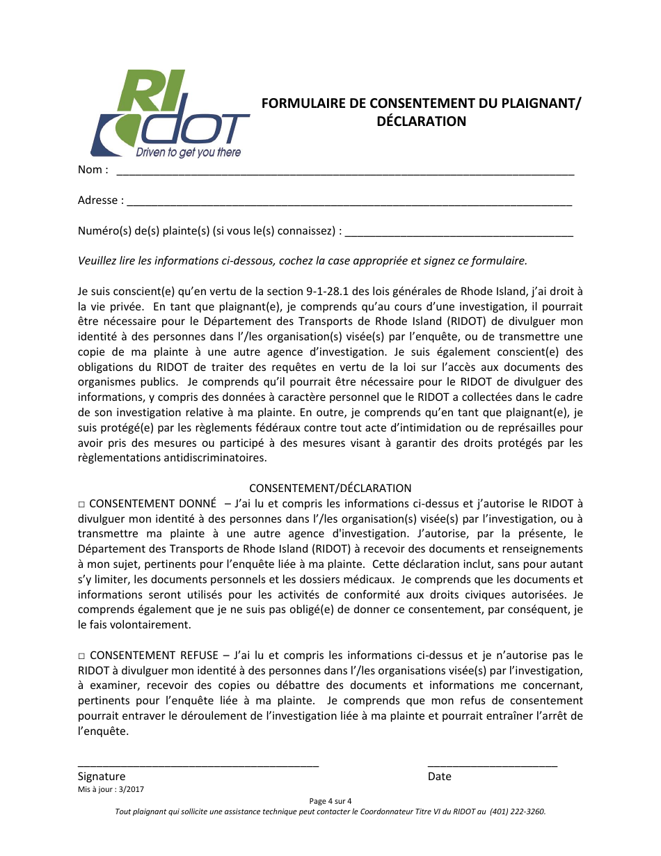 Title VI / Nondiscrimination Complaint Form - Rhode Island (French), Page 4