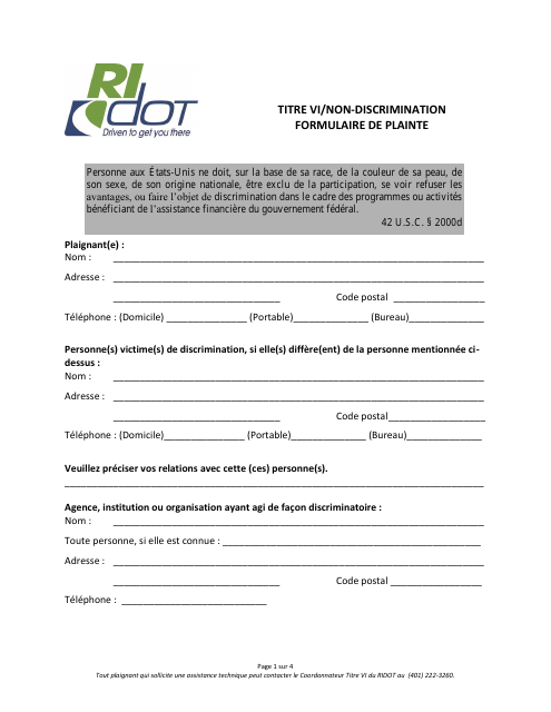 Title VI / Nondiscrimination Complaint Form - Rhode Island (French) Download Pdf