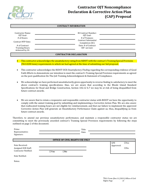 Form TR13 Contractor Ojt Noncompliance Declaration & Corrective Action Plan (CAP) Proposal - Rhode Island