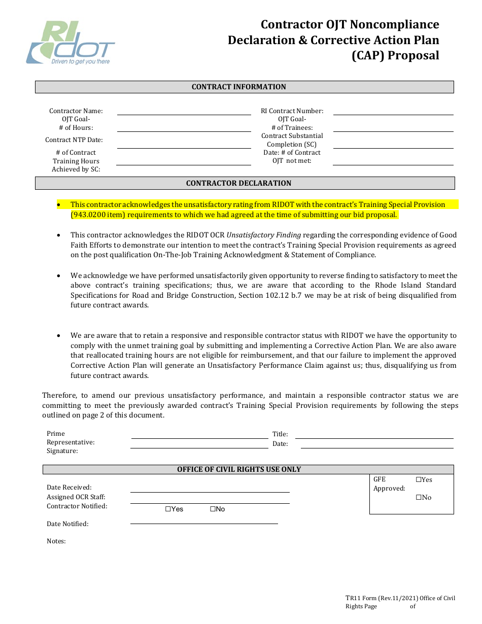 Form TR13 Contractor Ojt Noncompliance Declaration  Corrective Action Plan (CAP) Proposal - Rhode Island, Page 1