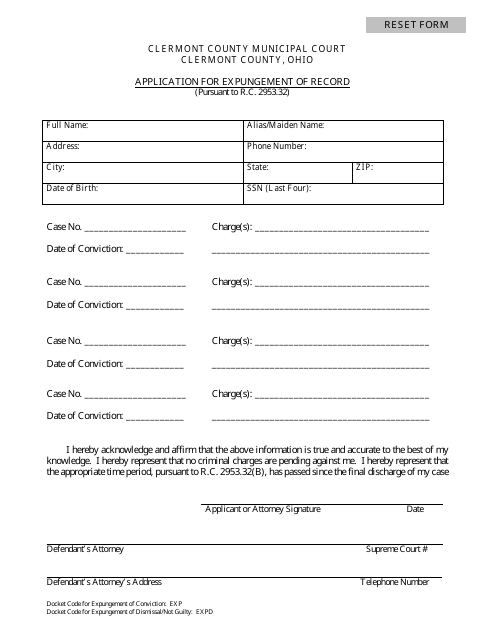 Application for Expungement of Record - Clermont County, Ohio Download Pdf