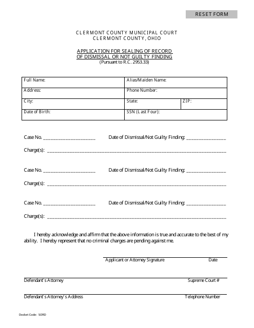 Application for Sealing of Record of Dismissal or Not Guilty Finding - Clermont County, Ohio Download Pdf