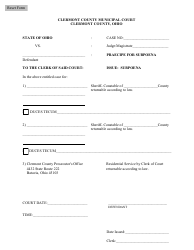 Document preview: Praecipe for Subpoena by Defendant - Clermont County, Ohio