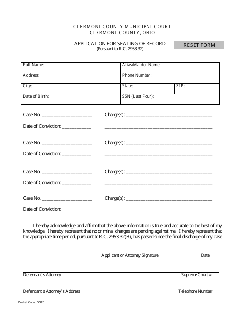 Application for Sealing of Record - Clermont County, Ohio
