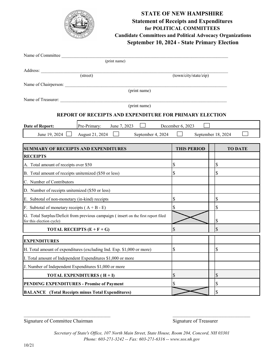 Statement of Receipts and Expenditures for Political Committees - Primary Election - New Hampshire, Page 1