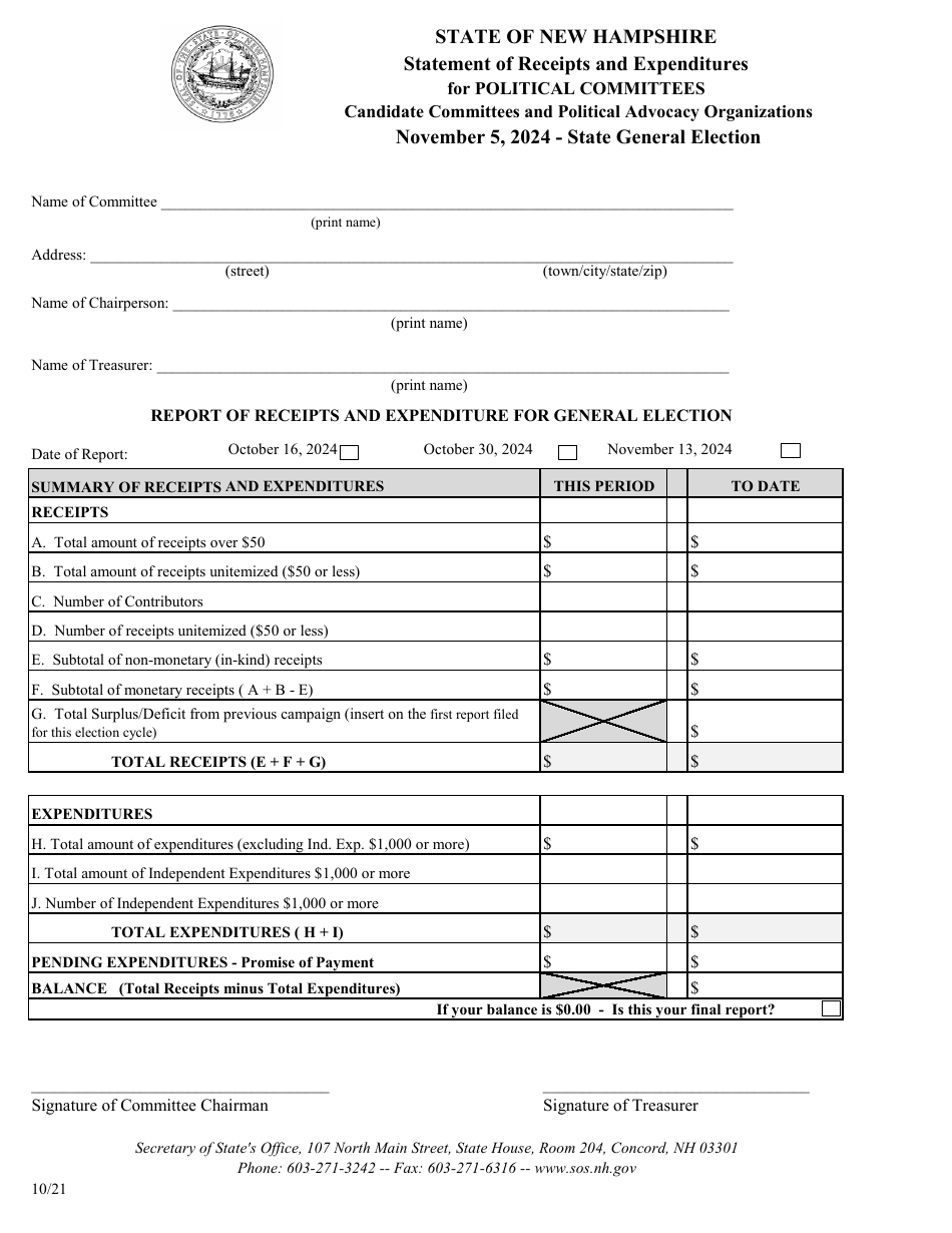 Statement of Receipts and Expenditures for Political Committees - General Election - New Hampshire, Page 1
